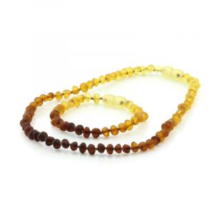 Semi Polished Baltic Amber Teething Necklace & Bracelet Set. Baroque Rainbow V1 Matt 5x4 mm