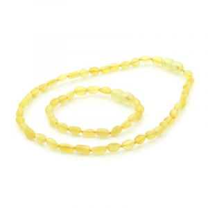 Semi Polished Baltic Amber Teething Necklace & Bracelet Set. Olive Yellow Matt 5x4 mm