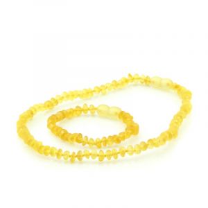 Semi Polished Baltic Amber Teething Necklace & Bracelet Set. Round Flat Yellow Matt 5x3 mm