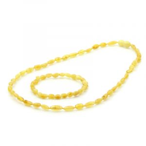 Adult Baltic Amber Necklace & Bracelet Set. Olive Milky Yellow 5x4 mm