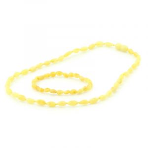 Adult Semi Polished Baltic Amber Necklace & Bracelet Set. Olive Milky Yellow 5x4 mm