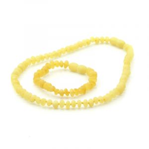 Semi Polished Baltic Amber Teething Necklace & Bracelet Set. Round Flat Milky Yellow Matt 5x3 mm