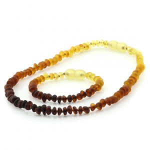 Semi Polished Baltic Amber Teething Necklace & Bracelet Set. Round Flat Rainbow V1 Matte 5x3 mm