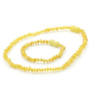 Semi Polished Baltic Amber Teething Necklace & Bracelet Set. Round Flat Milky Yellow Matte 4x2 mm