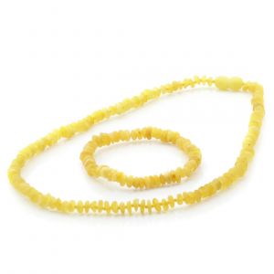 Adult Semi Polished Baltic Amber Necklace & Bracelet Set. Round Flat Milky Yellow Matte 5x2 mm